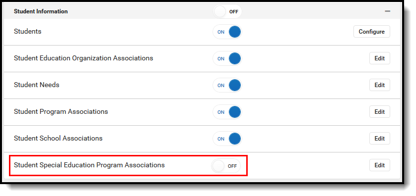 Screenshot of the Student Special Ed Program Association toggled OFF under resource preferences.