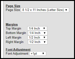 Image of the Page Size, Margins, and Font Adjustments fields