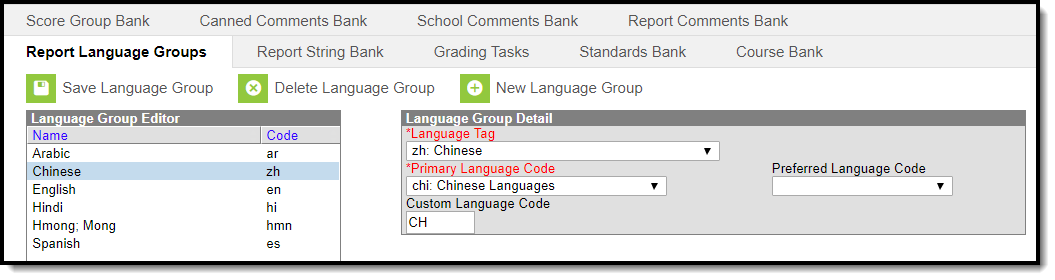 Image of the Report Language Group tool with Chinese selected