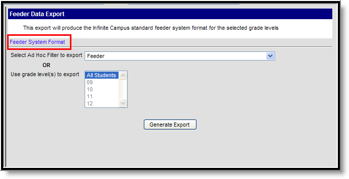Screenshot of the Feeder Export tool with the Feeder System Format link called out.