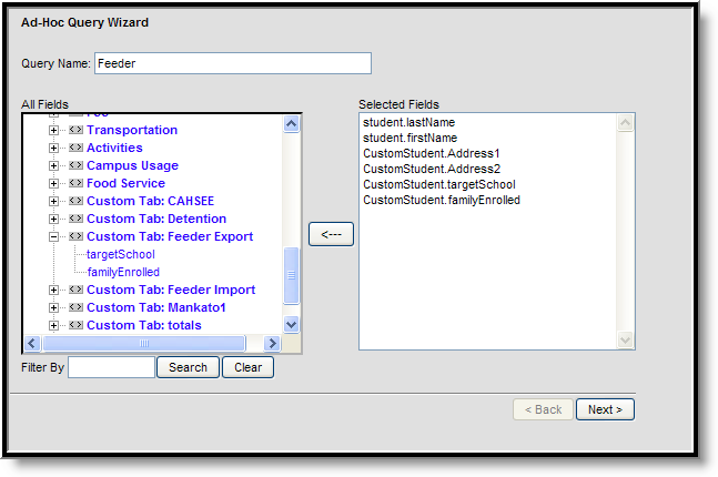 Screenshot of the Ad Hoc Query Wizard, showing the feeder export fields as selected elements.