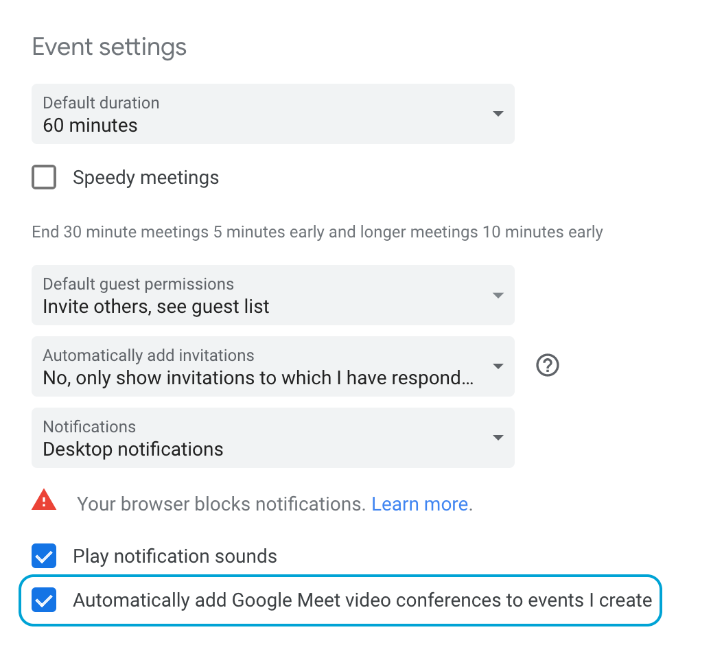 how to turn off Google Meet in calendar