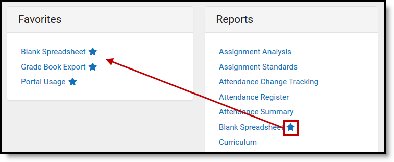 Screenshot highlighting the favorite star next to a report name which adds the report to the favorites list.
