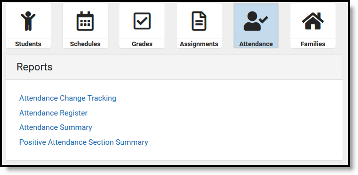 Screenshot of the attendance report filter applied to the report list. 
