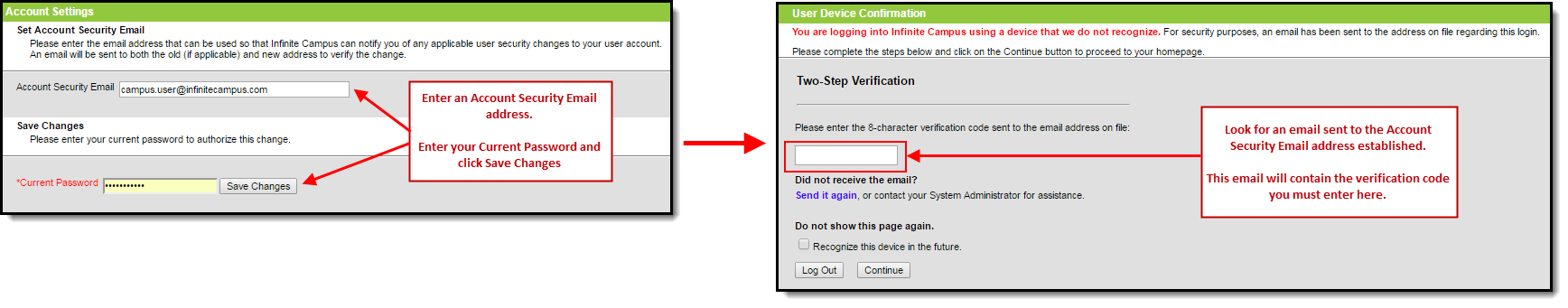 screenshot of inputting your account security email and current password to receive a two step verification code