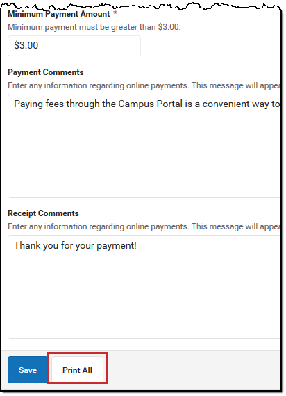 Screenshot of the Payments Settings screen, the Print All is called out.