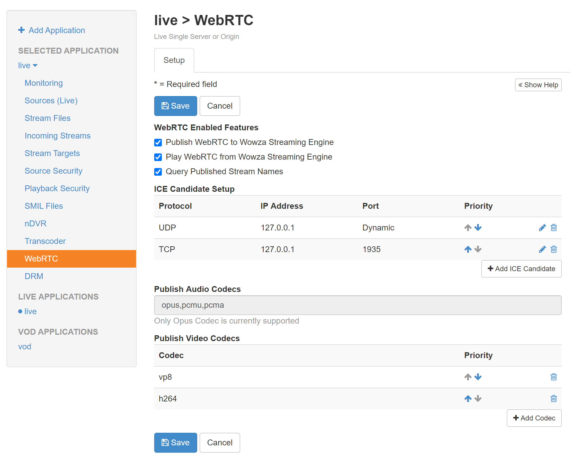 WebRTC configuration page