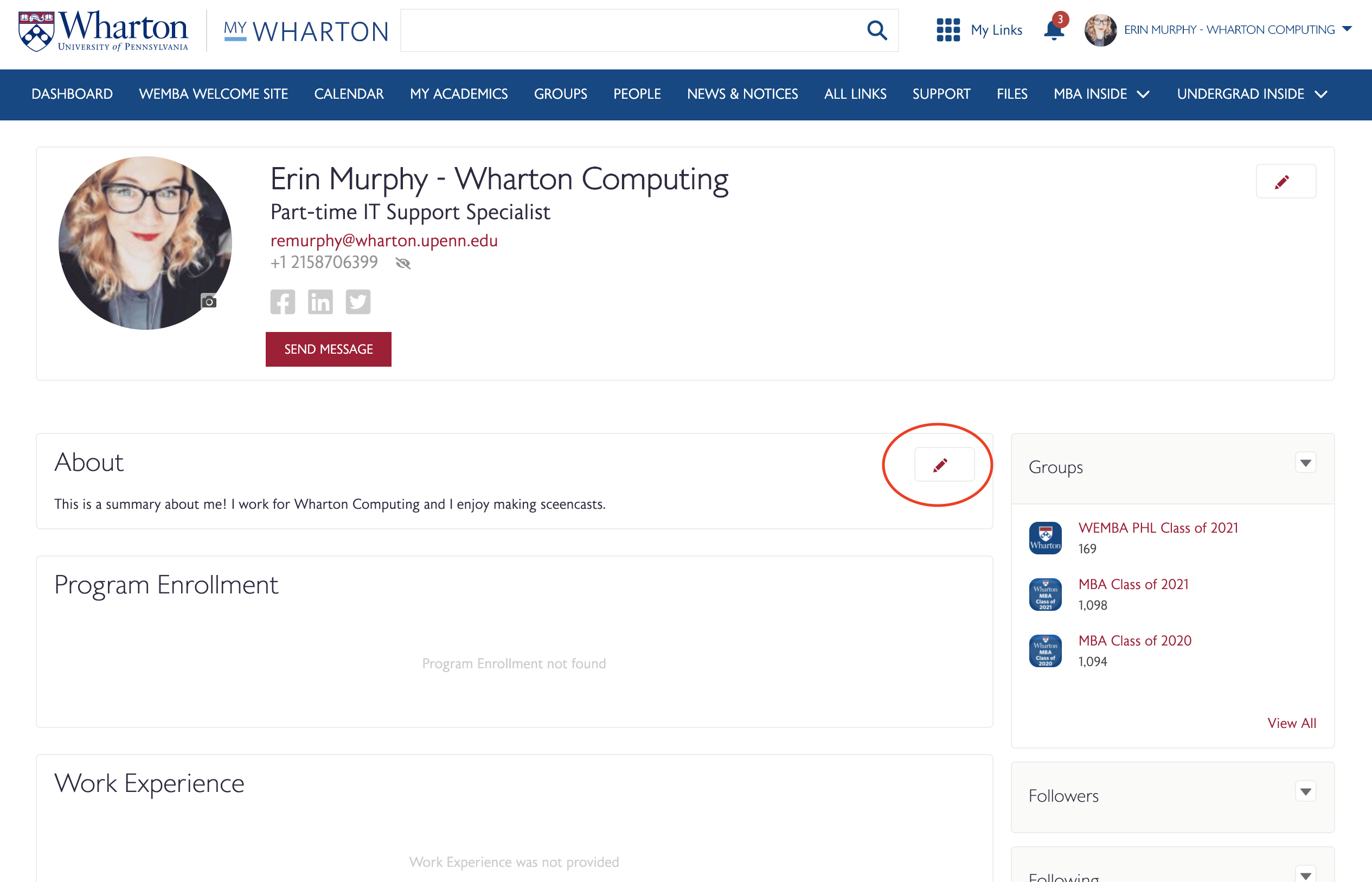 Profile Screenshot: Erin Murphy- Wharton Computing (Part- Time IT Support Specialist) with red pencil 