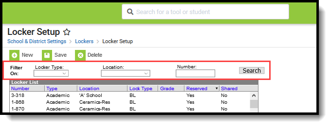 Screenshot of Locker Setup filter options.
