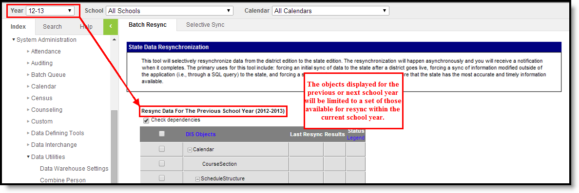 Screenshot of Sync Data from a Previous School Year