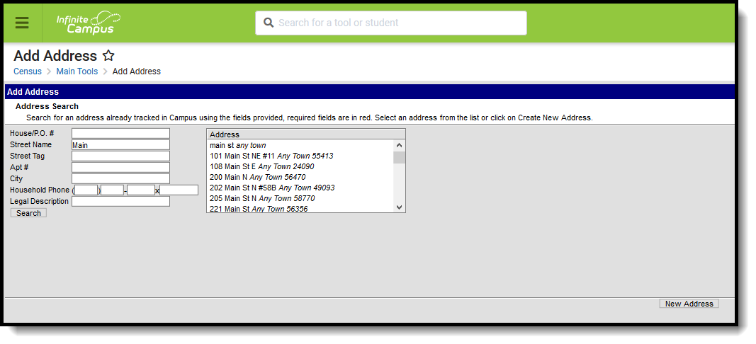 Screenshot of the Add Address tool, loacted at Census, Address
