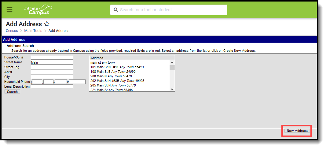 Screenshot of the Add Address tool highligthing the New Address button. 