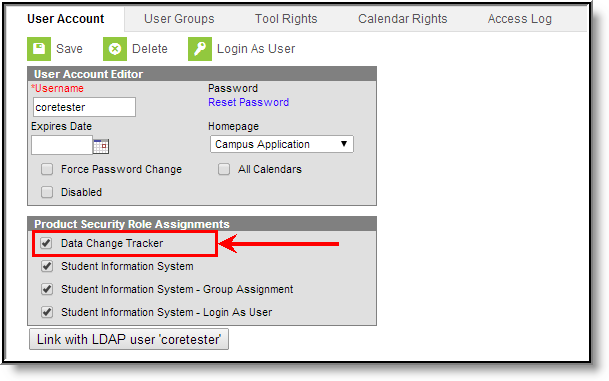 Screenshot of data change tracker product security role assignments
