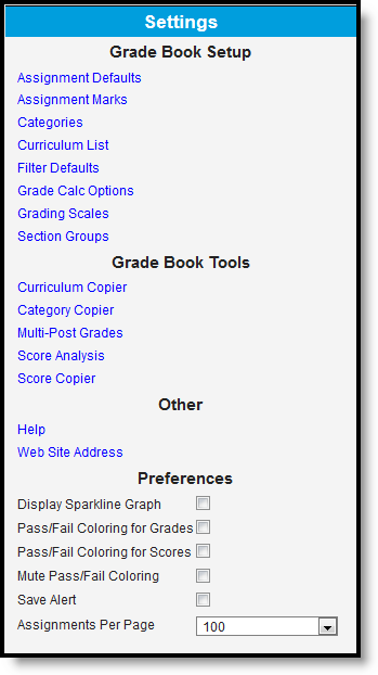 Screenshot of the Settings menu of the Grade Book, with setup tools listed first, followed by other Grade Book tools, and Preferences.