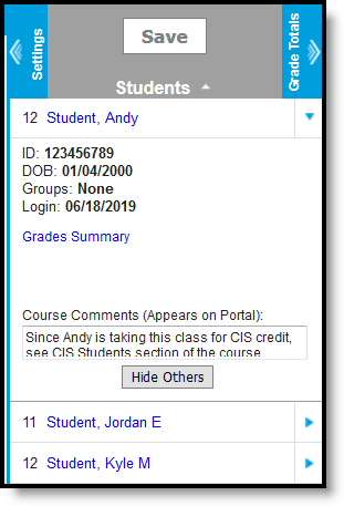 Screenshot of a Student row in the Grade Book expanded, with student details and Course Comments. 
