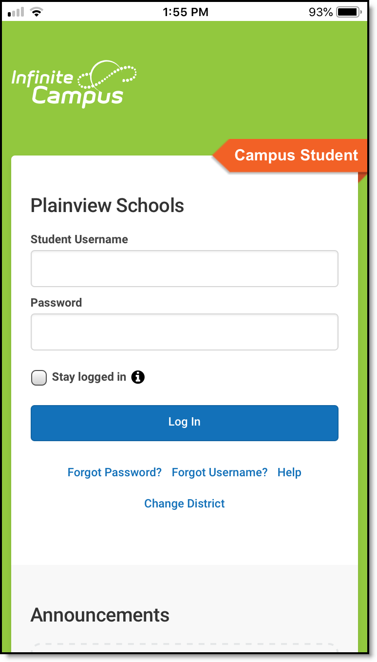 Screenshot of the Campus Student log in page on a phone-sized screen.