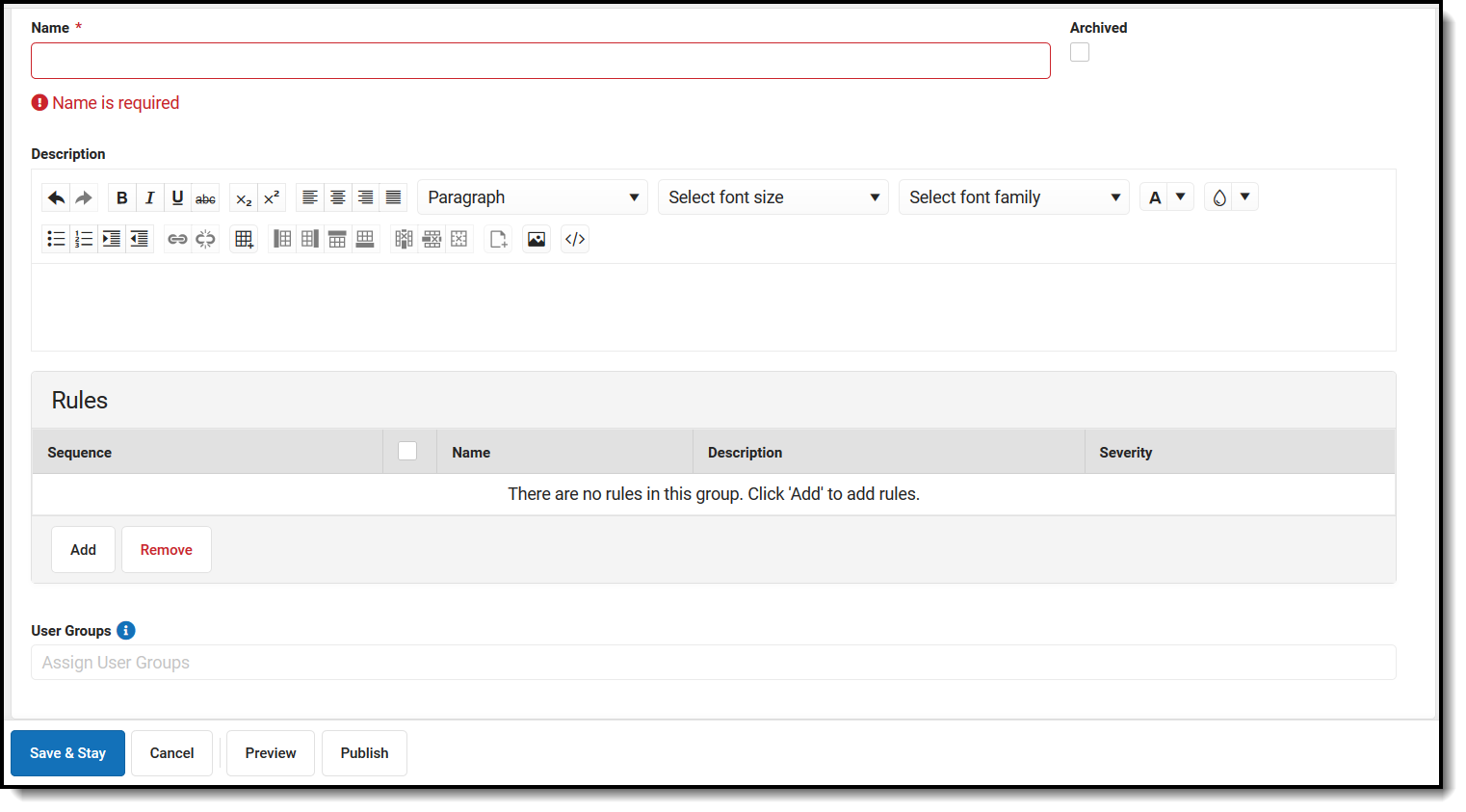 Screenshot of creating new validation groups