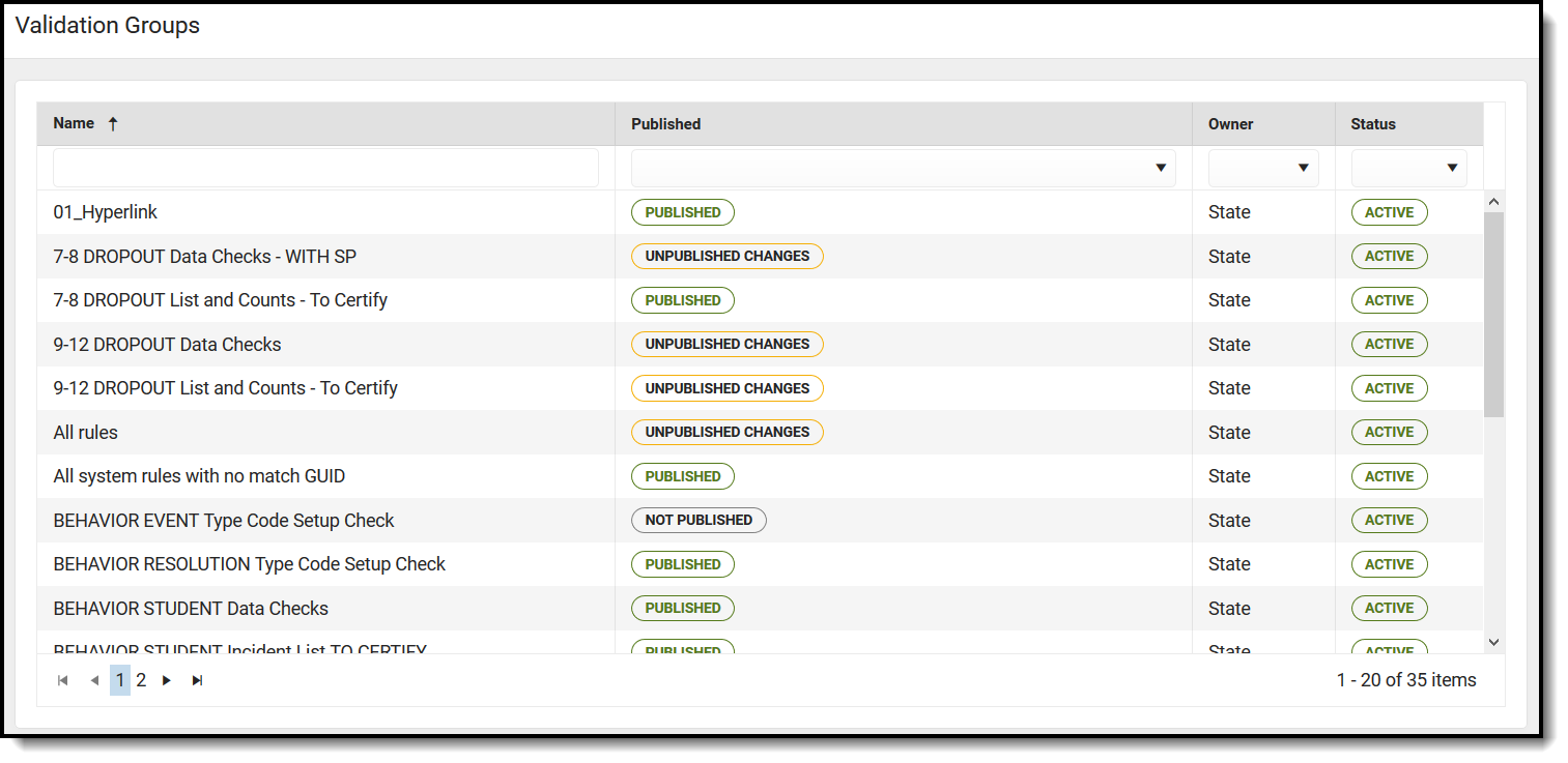 Screenshot of searching for validation groups