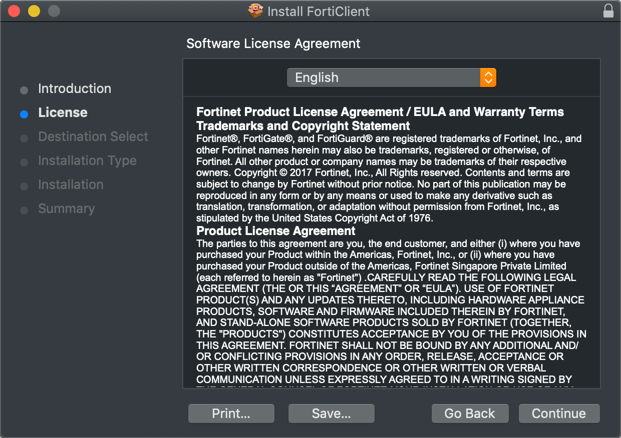 License agreement screnn. Click Print, Save, Go Back or Continue.