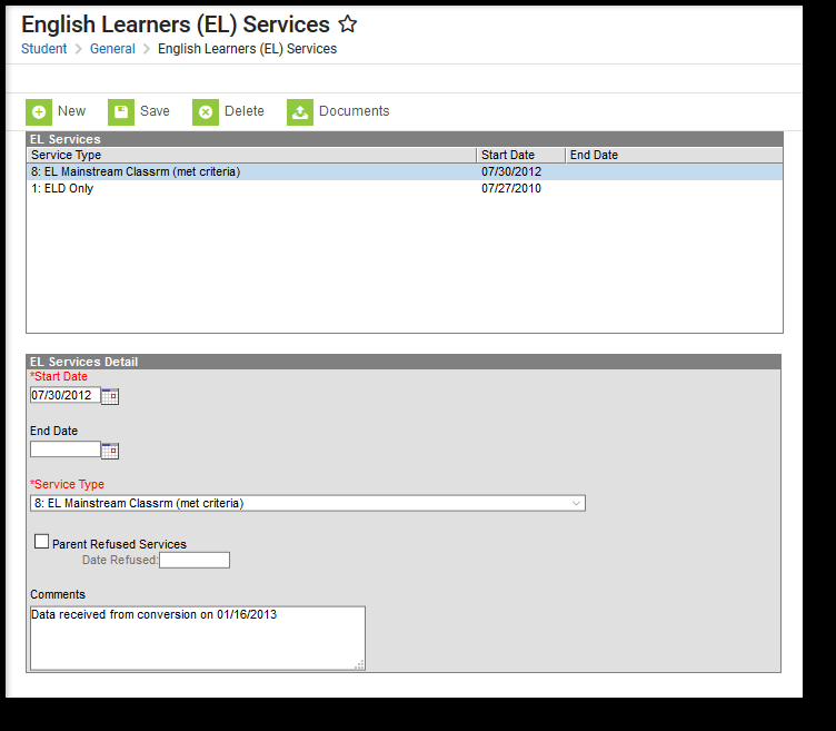 Screenshot of the EL services tool. 