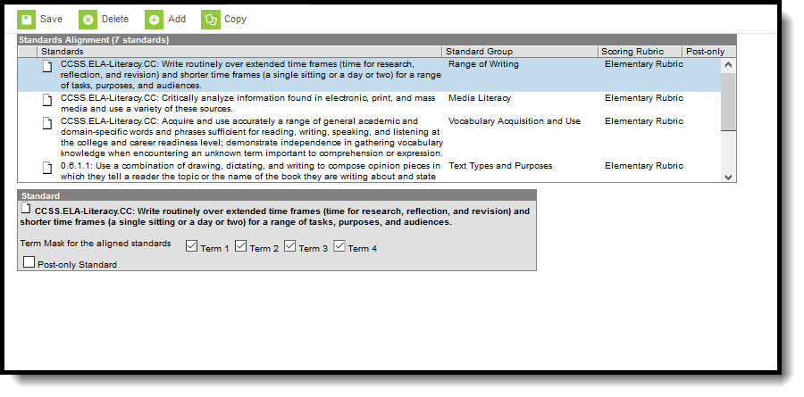 Screenshot of the Standards tool for a course.  