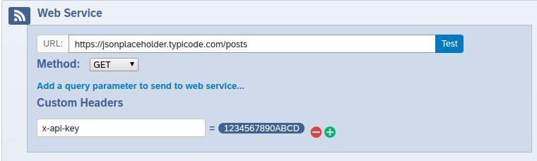 Qualtrics Web Service element form with a Custom Header 'x-api-key = 1234567890ABCD'