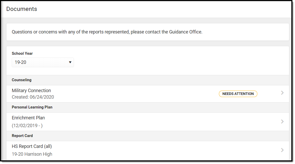 Screenshot of the documents tool in campus parent.