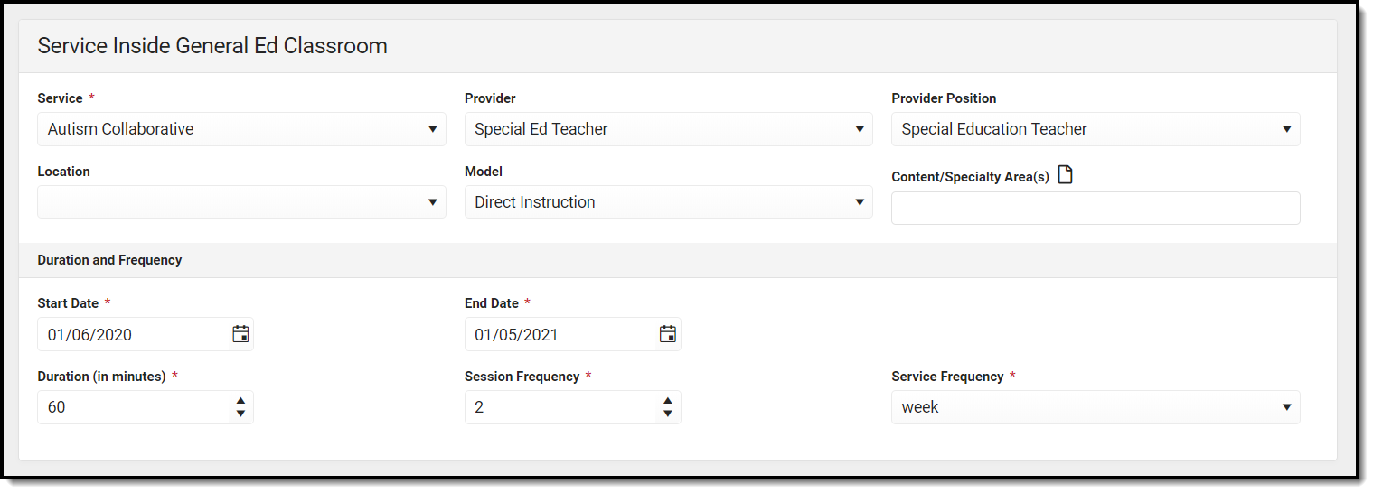 Screenshot of the Services Inside General Ed Classroom detail screen.
