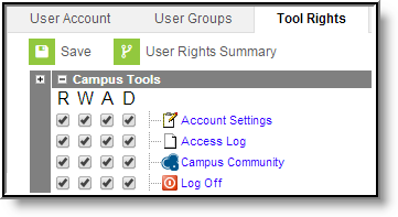 screenshot of tool rights automatically granted to a new user