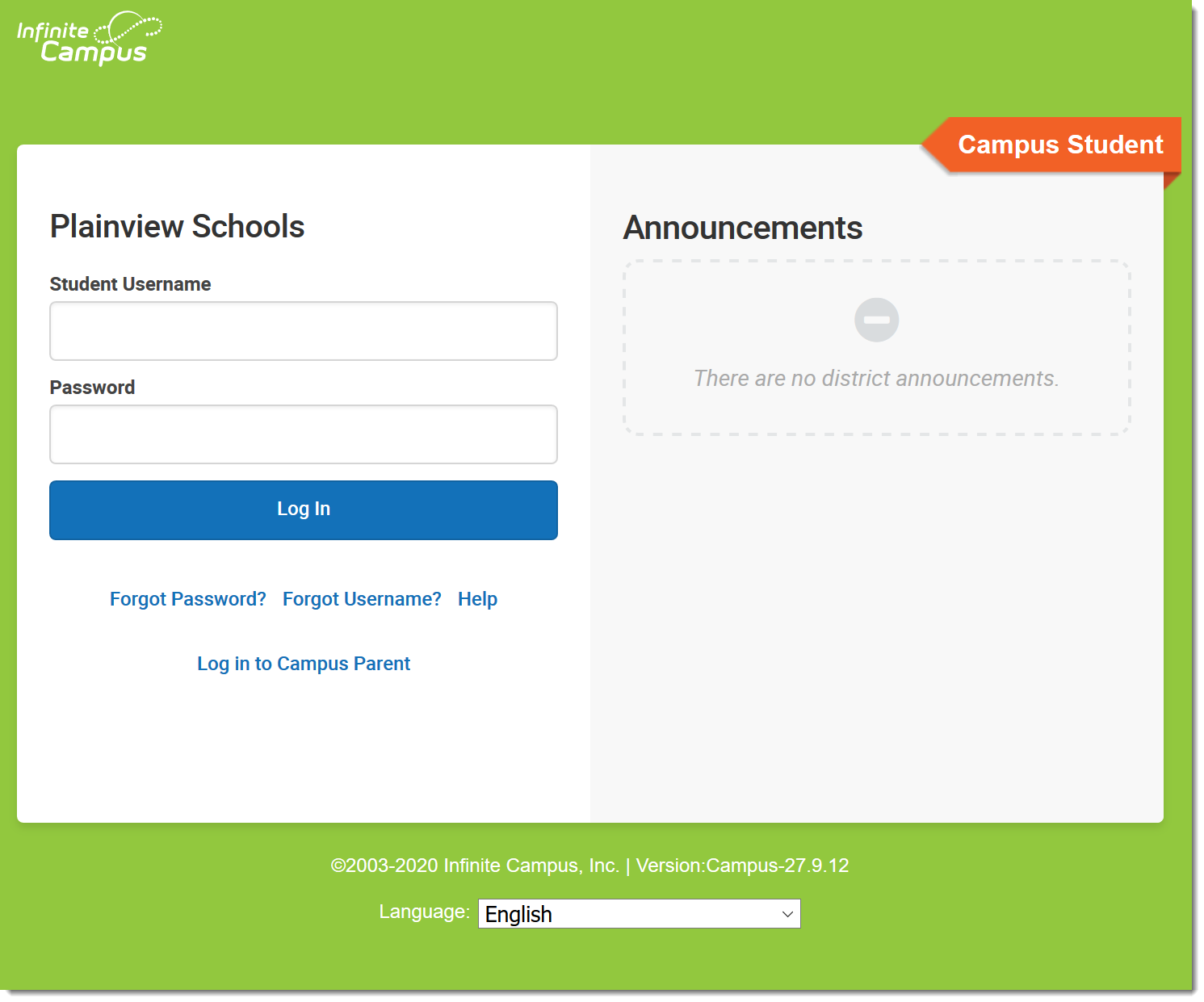 Screenshot of the Campus Student login page. 