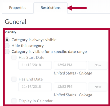 Indicates Restrictions tab location and Identifies Visibility options.