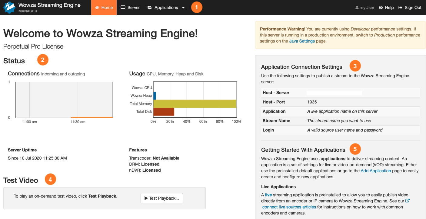 Home page in Wowza Streaming Engine Manager