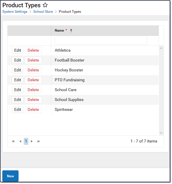Screenshot of the Product Types tool with a list of available product types. 