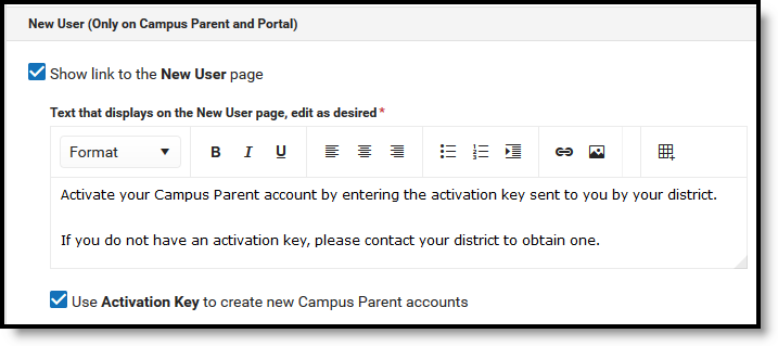 screenshot of the show link to the new user page and activation key options selected