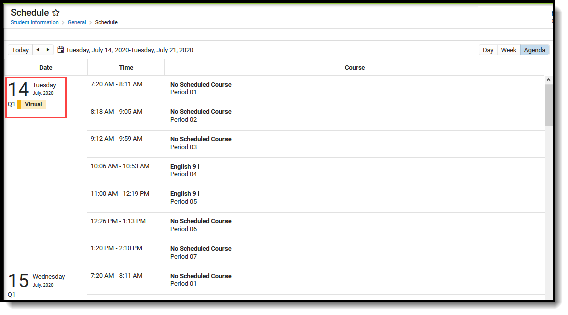 Screenshot of the Blended Learning Group Display in Agenda View