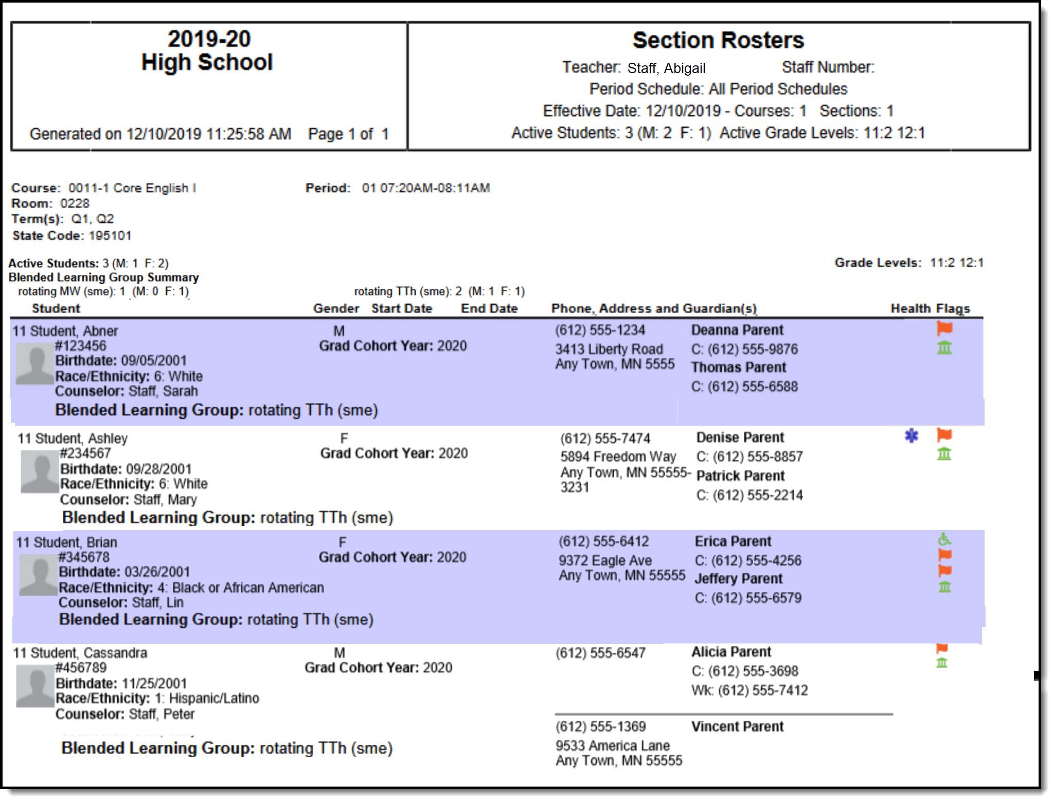 Screenshot of a sample of the Section Roster – All Options report