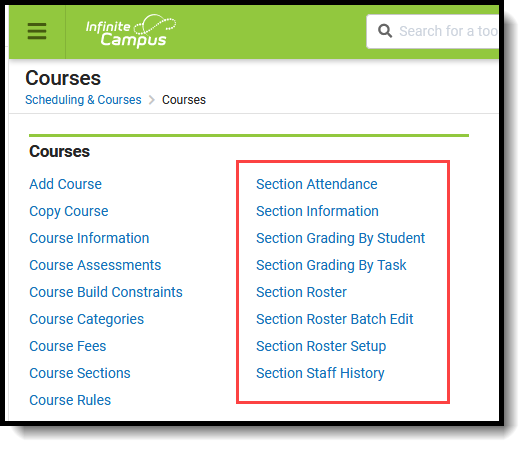 Screenshot of the Section tools available in Scheduling & Courses.
