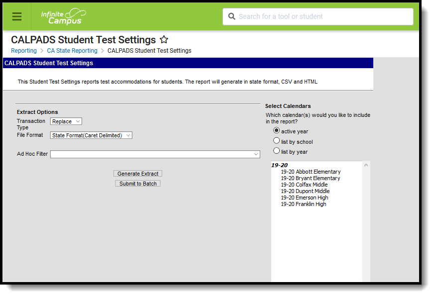 Screenshot of the CALPADS student test settings extract editor. 