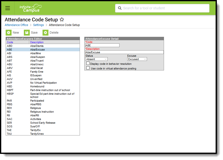 Screenshot of attendance code setup editor.