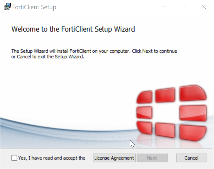 Forticlient setup screen, click Yes to accept license agreement.