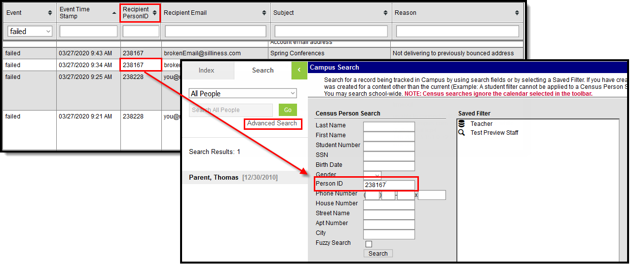 Screenshot of the recipient personID Advanced search option.