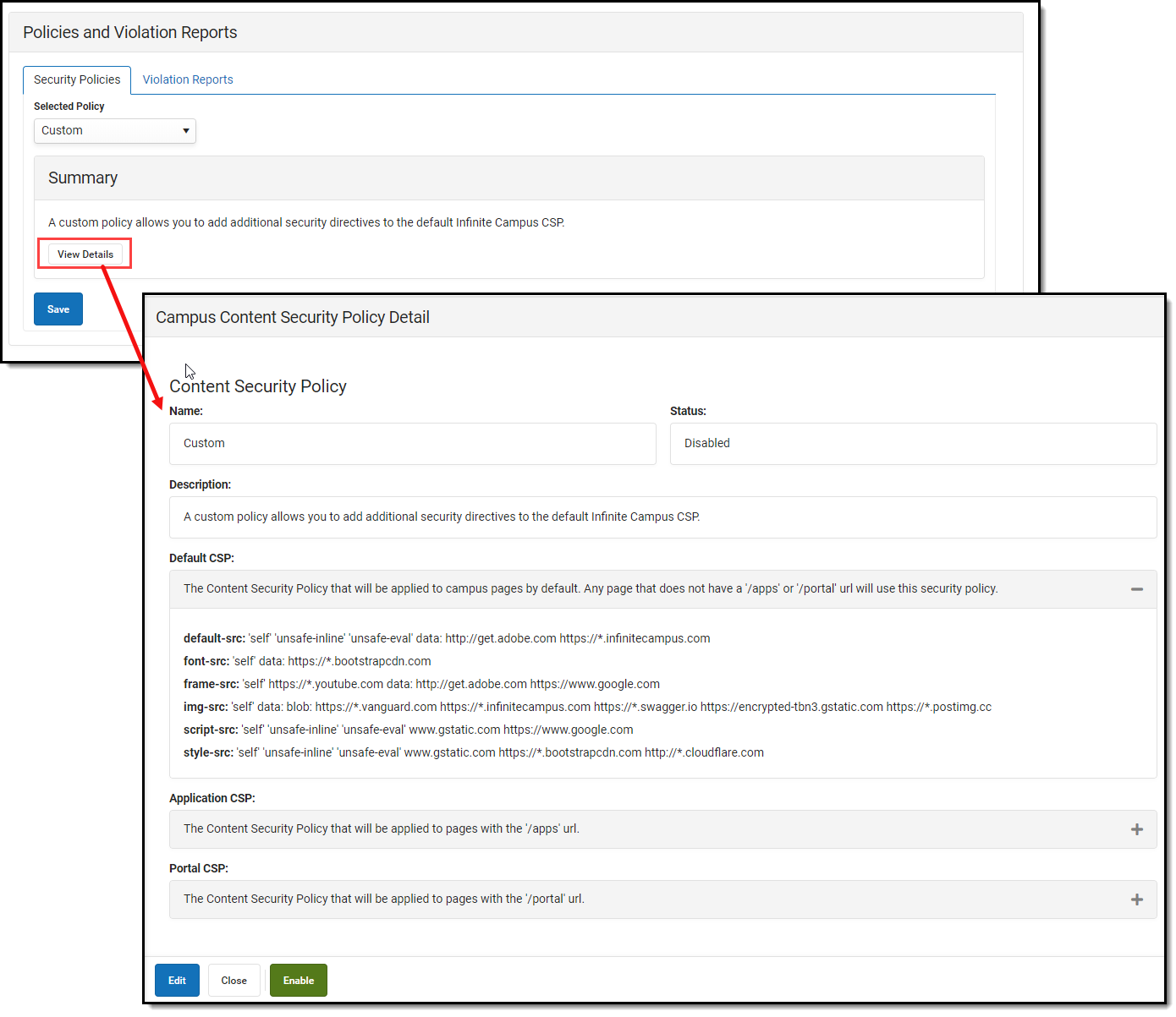 screenshot of viewing the details of a custom policy