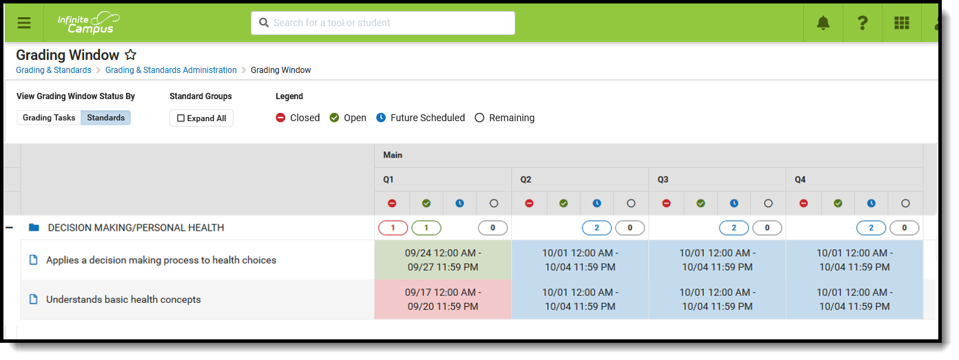 Screenshot of an example of the Grading Window Standards View.