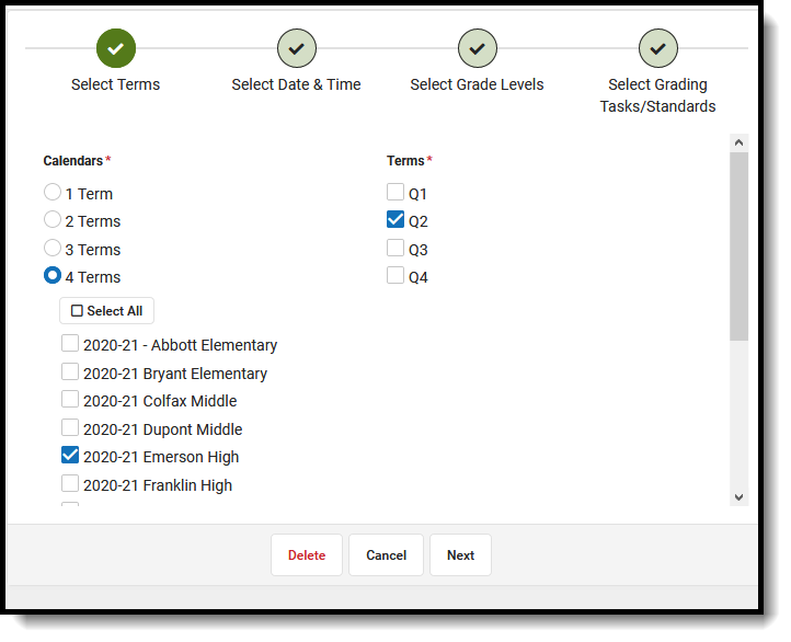Screenshot showing calendar and term selection for a grading window.