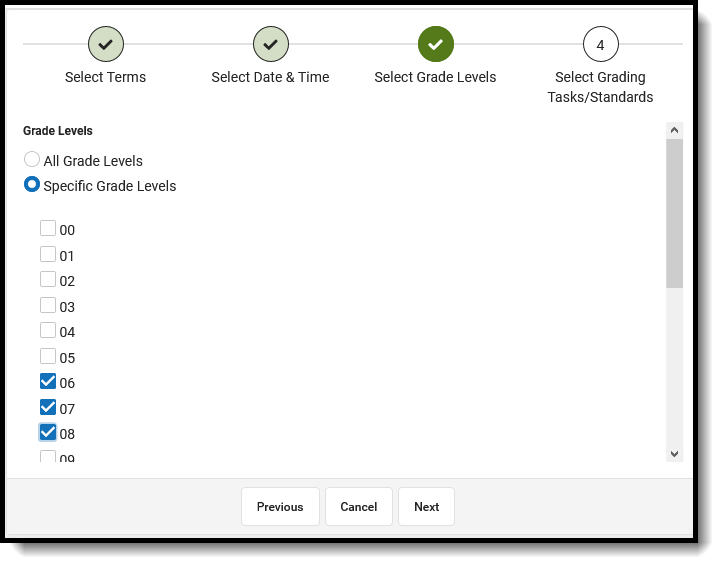 Screenshot showing grade level selection in the grading window tool.
