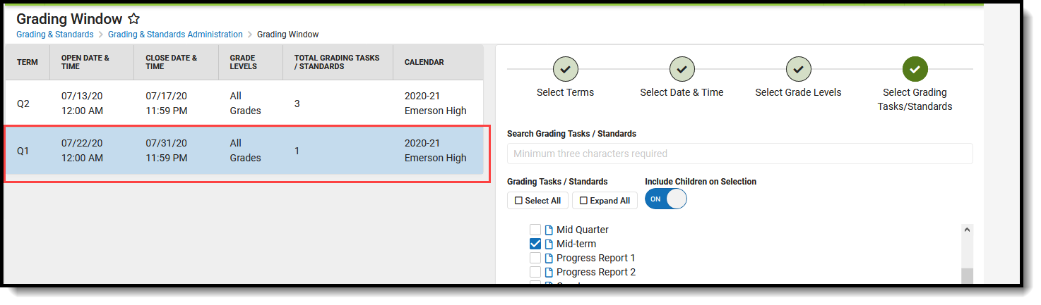 Screenshot showing the saved new Grading Window selected.