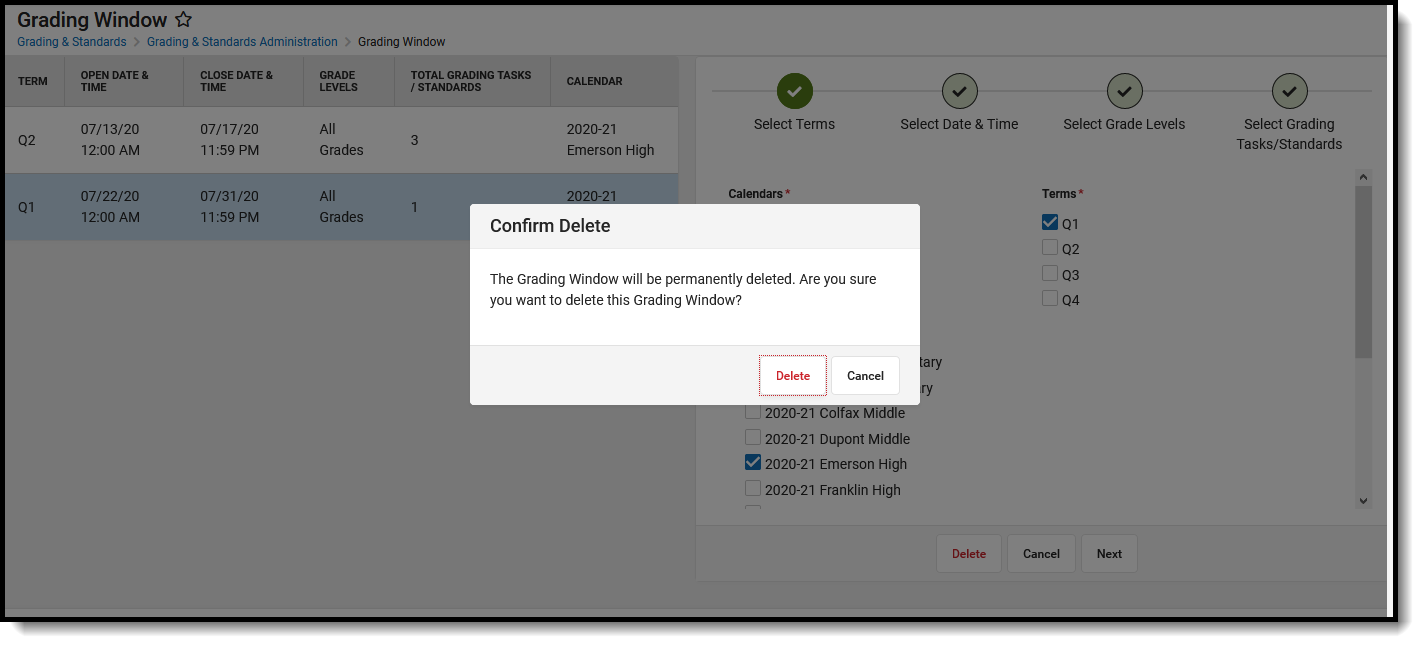 Screenshot of grading window with Confirm Delete message displaying.