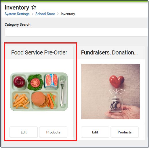 Screenshot of a category called Food Service Pre-order.