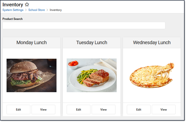 Screenshot of products for each day. This example shows Monday Lunch, Tuesday Lunch and Wednesday Lunch.