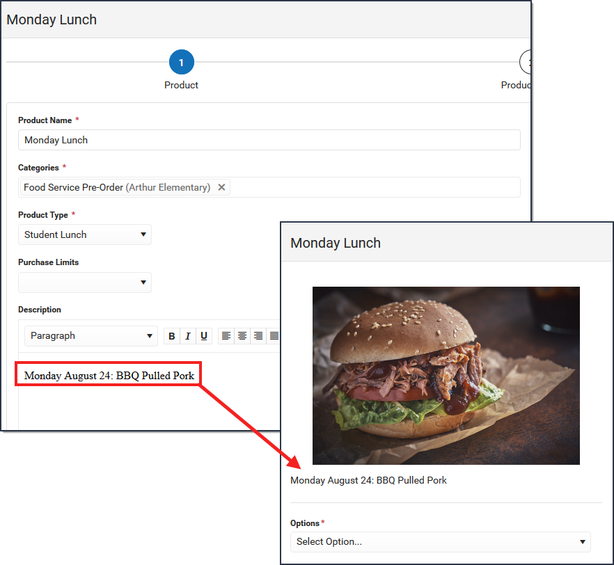 Two part screenshot showing the product’s description containing the date the meal will be distributed. The other image shows how the description appears on the portal.